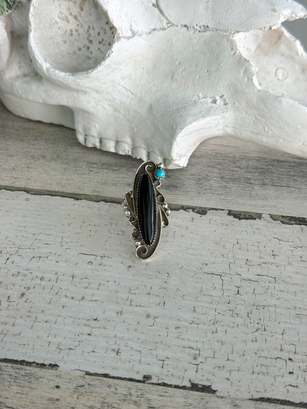 Native American Black Onyx & Turquoise Ring 9