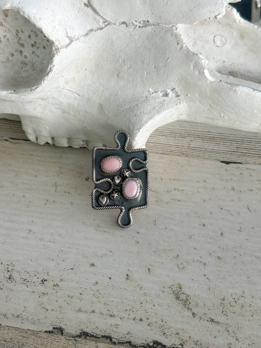 Native American Puzzle Piece Pink Conch Adjustable Ring