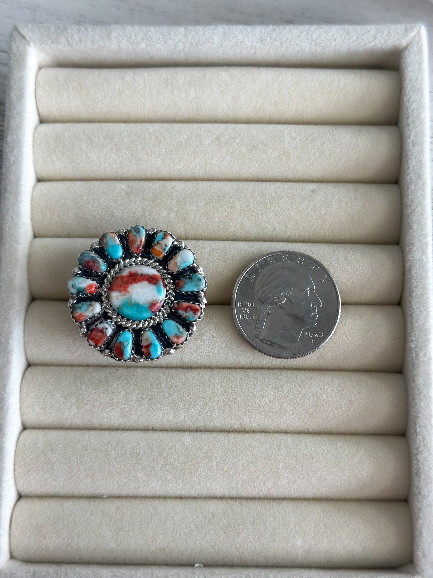 Native Made Spiny Turquoise Cluster Ring Adjustable