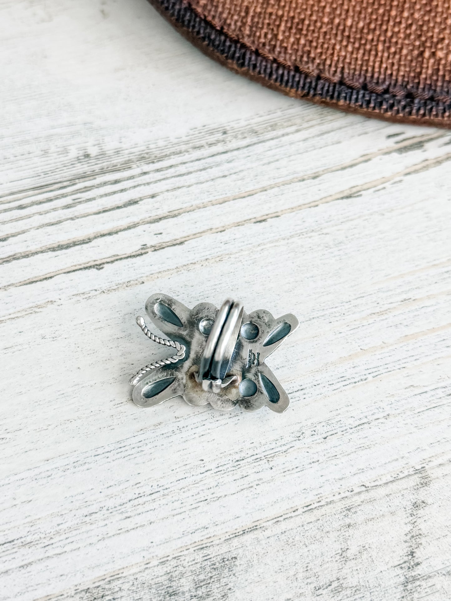 Native American Sterling Butterfly Coral & Turquoise Adjustable Ring