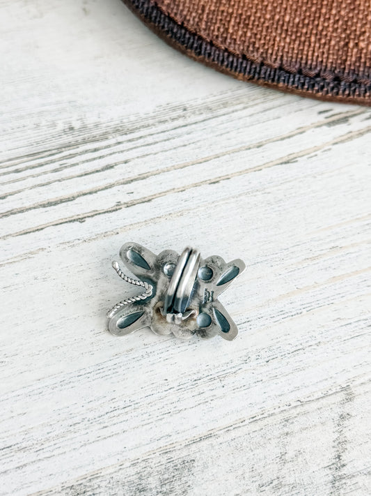 Native American Sterling Butterfly Coral & Turquoise Adjustable Ring