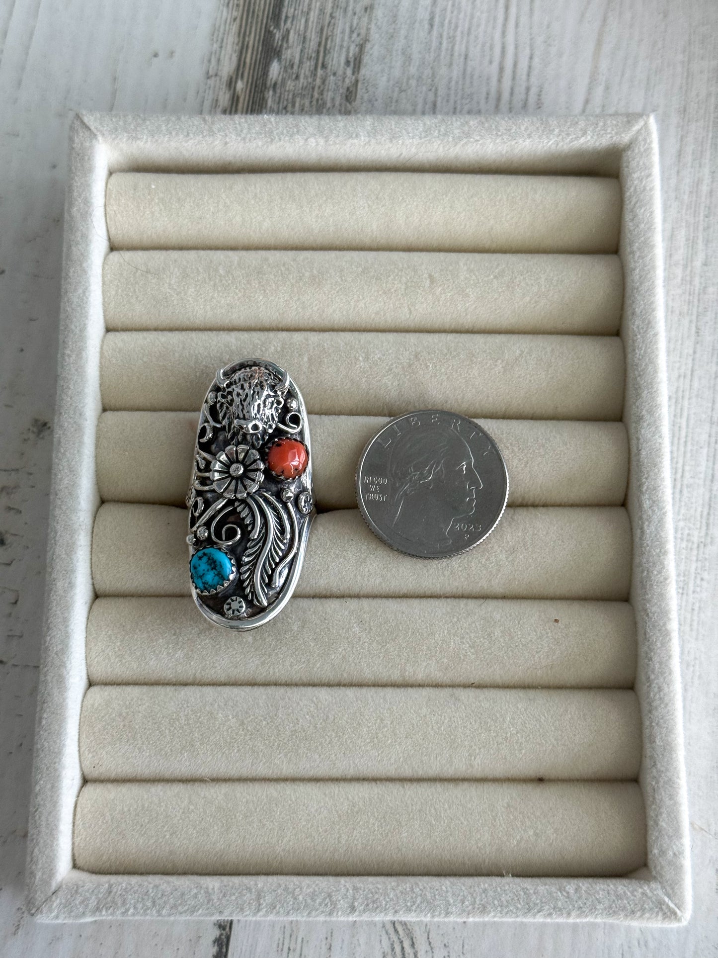 Native American Saddle Coral & Turquoise Buffalo Ring 8.5