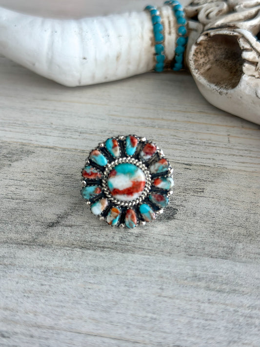 Native Made Spiny Turquoise Cluster Ring Adjustable