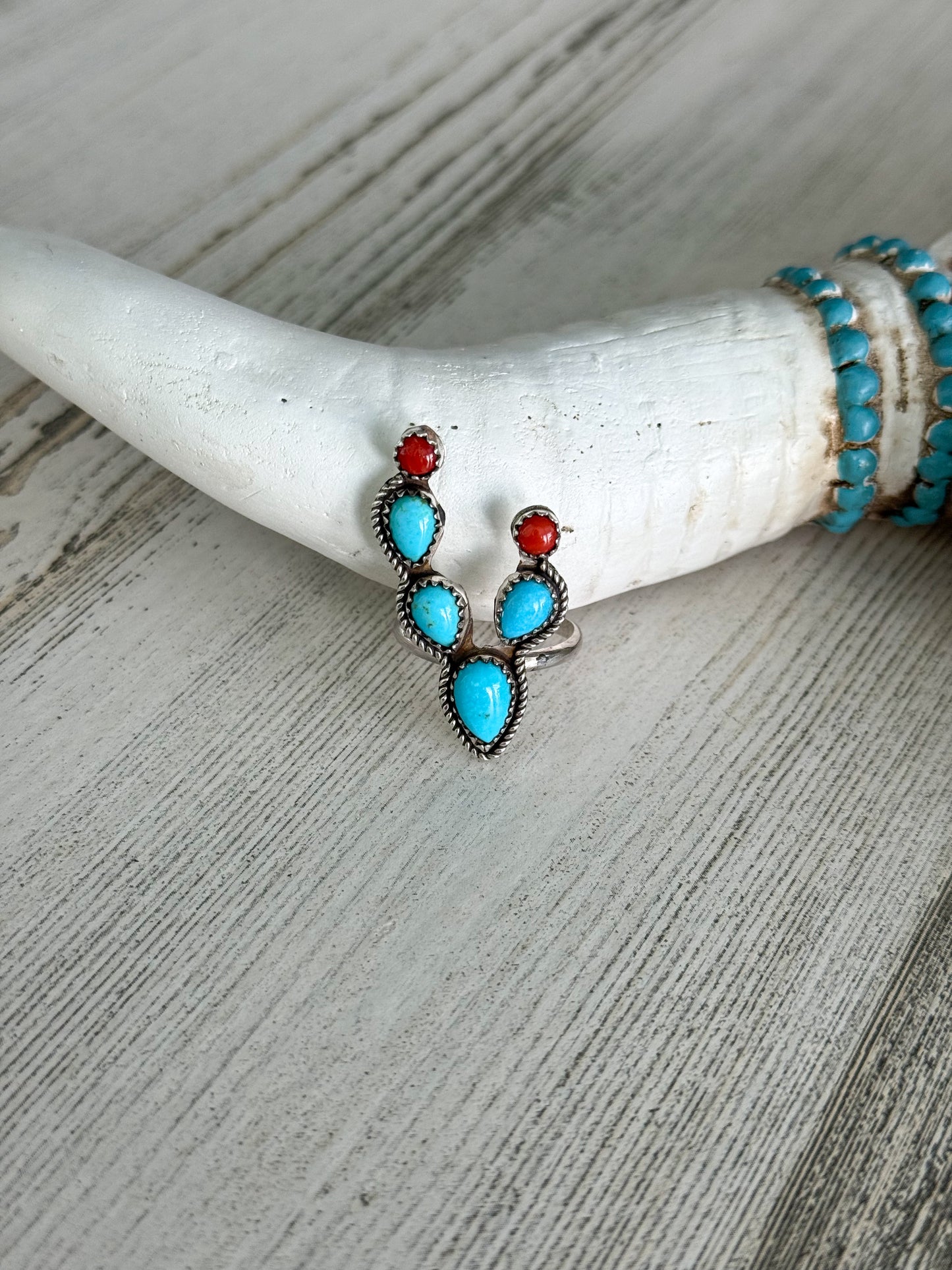 Native American Turquoise & Coral Cactus Ring 8.5