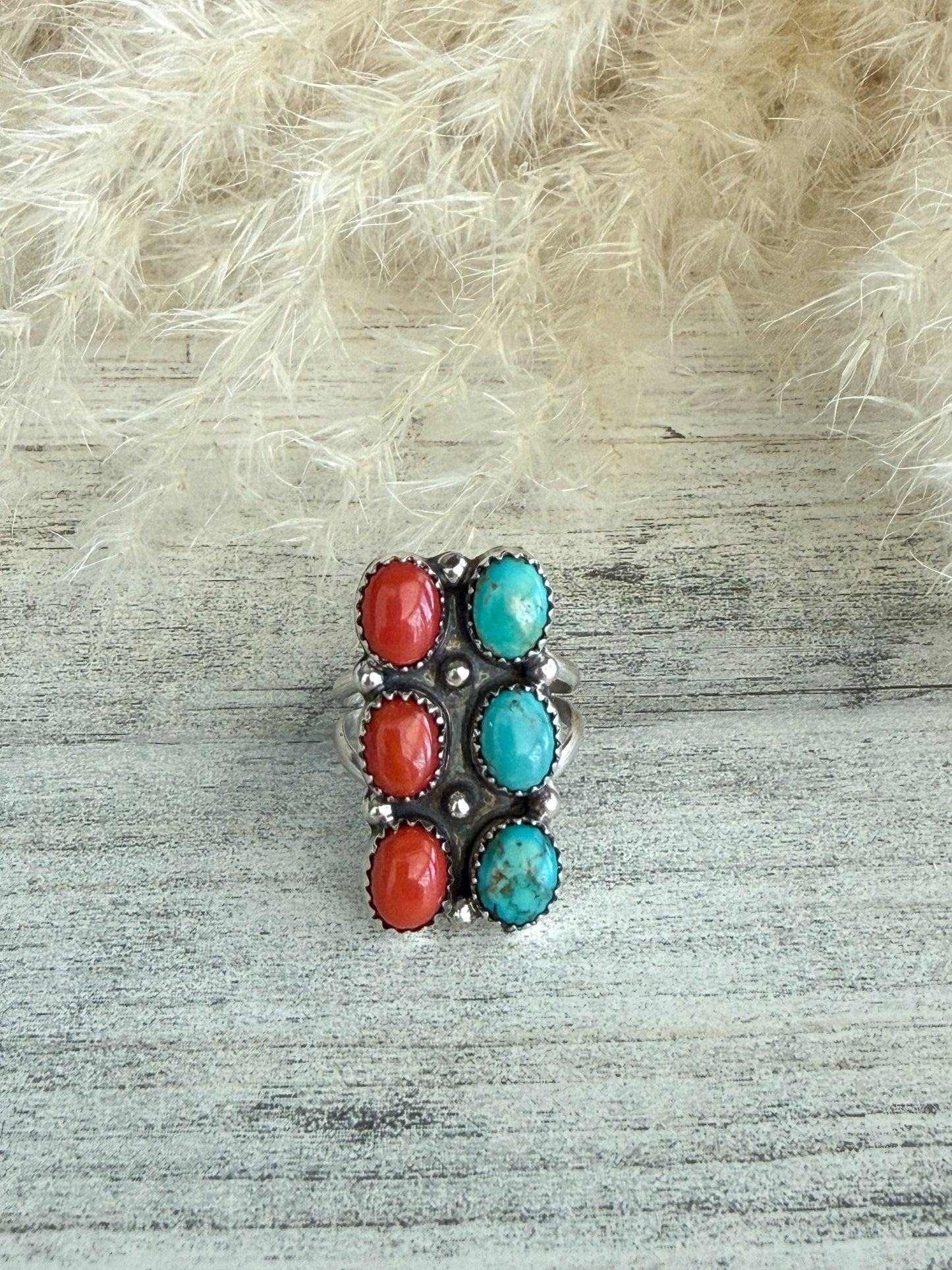 Native American Turquoise & Coral Ring 9