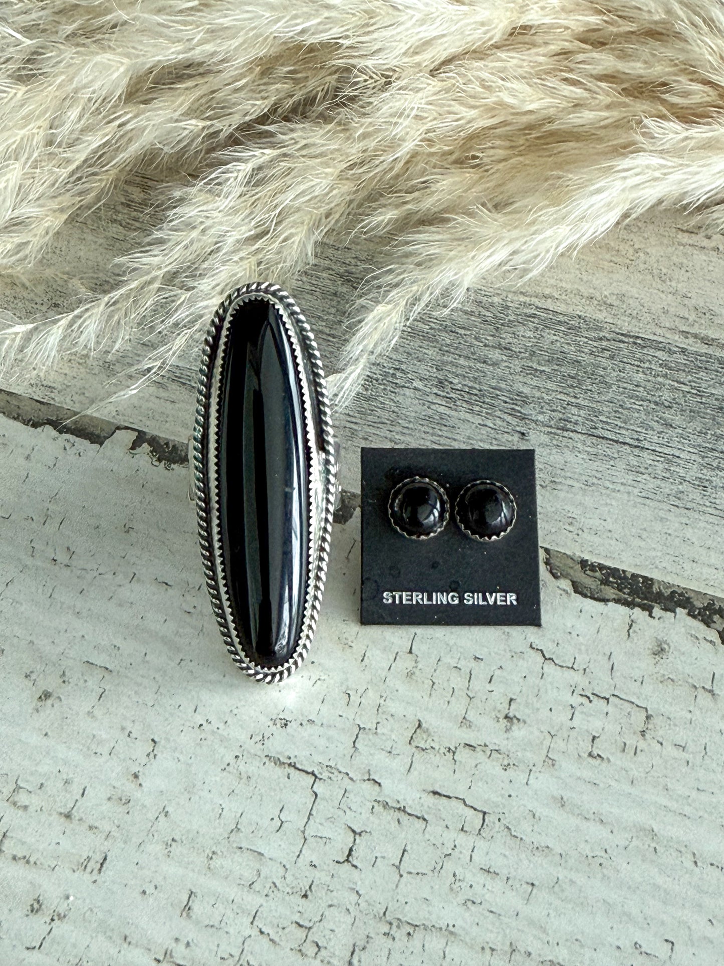 Native American Black Onyx Adjustable Ring & Earring Set