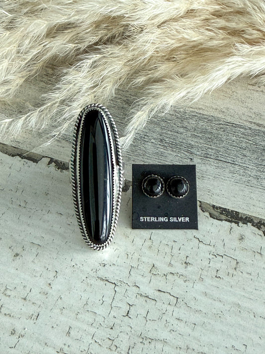 Native American Black Onyx Adjustable Ring & Earring Set