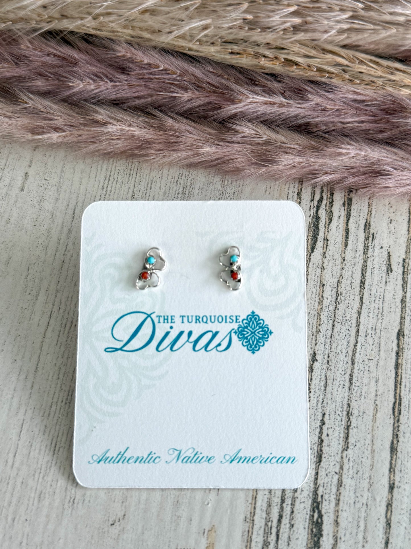 Native American Turquoise & Coral Mini Heart Earrings
