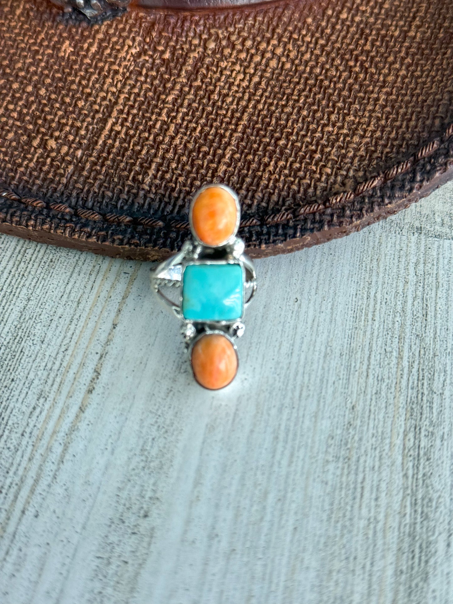 Native American Kingman & Orange Spiny Ring 8.5