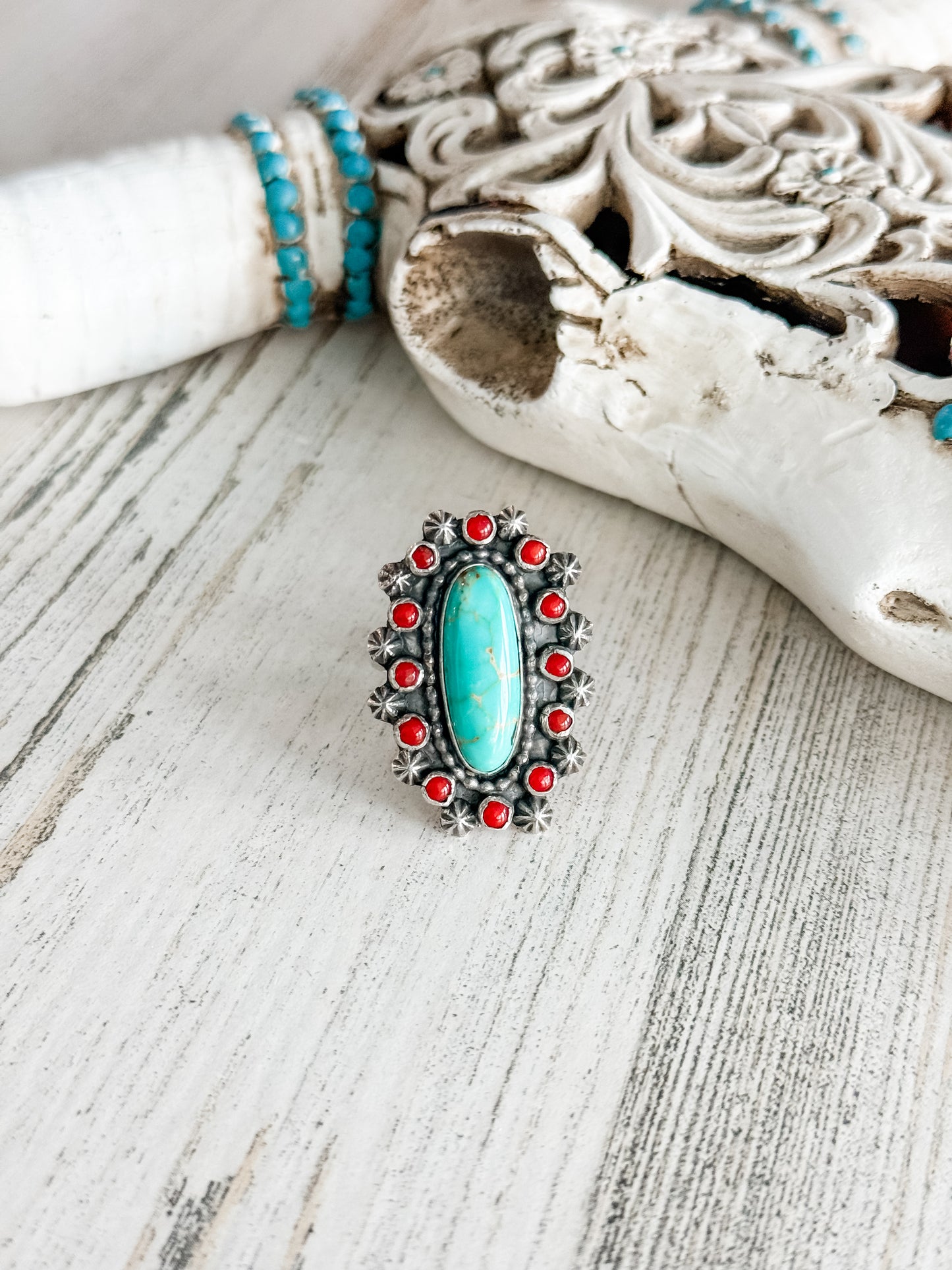 Native American Turquoise & Coral Ring 9