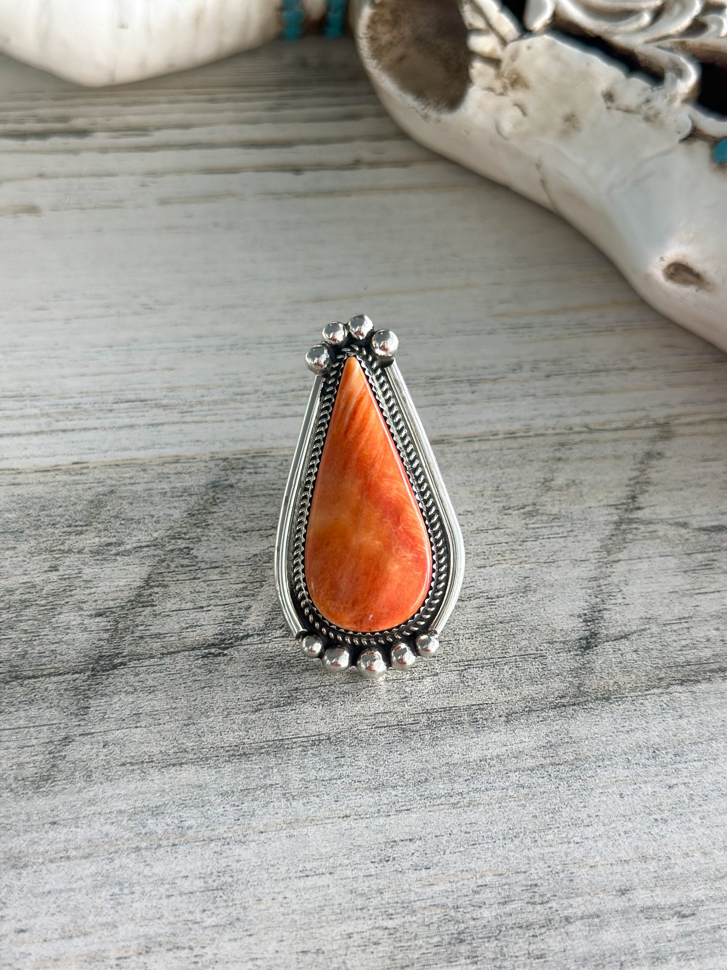 Native Made Orange Spiny Adjustable Ring
