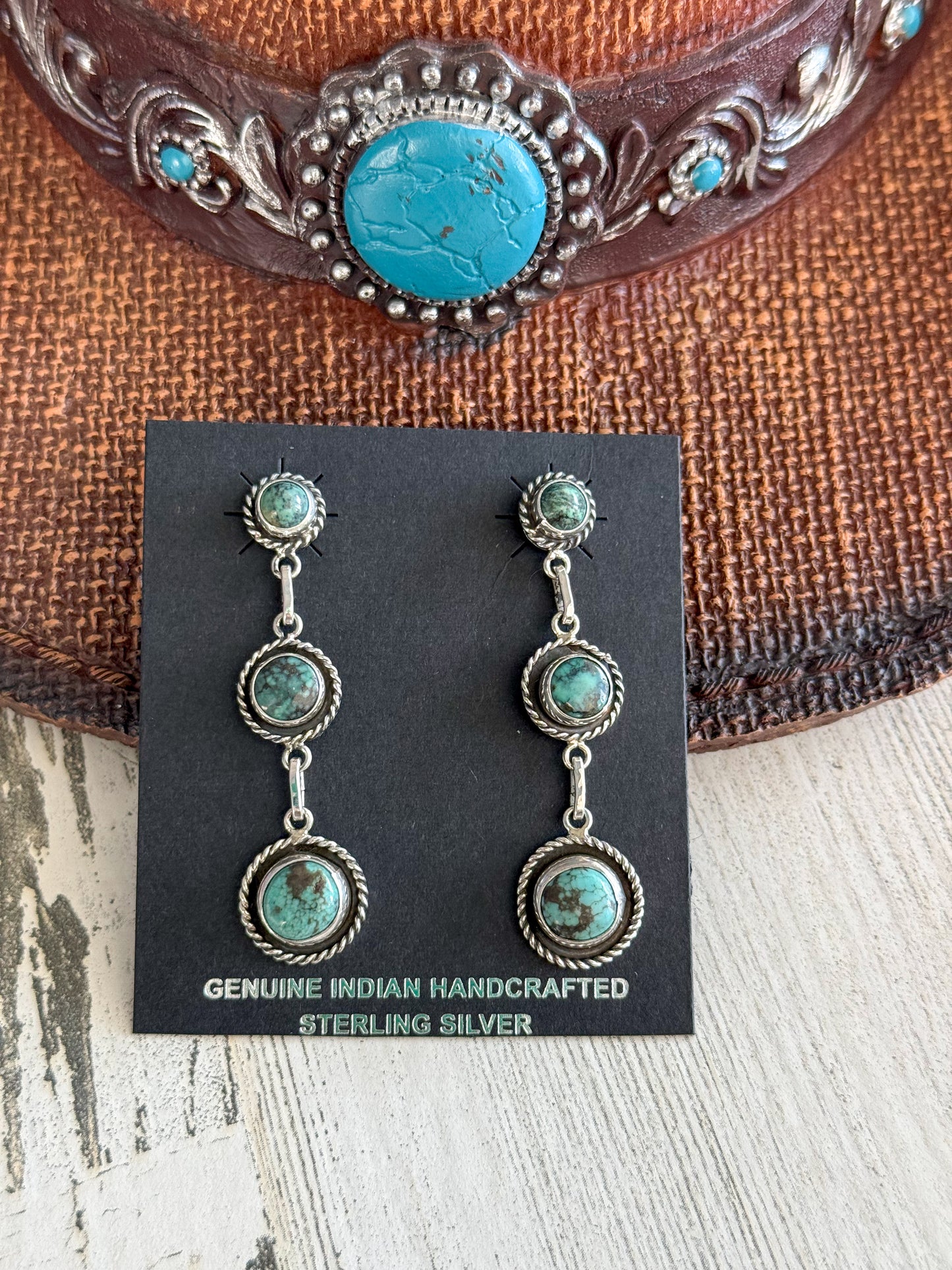 Native American 3 Turquoise Stone Dangle Earrings
