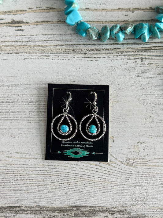 Native American Turquoise Circle Sterling Wire Earrings