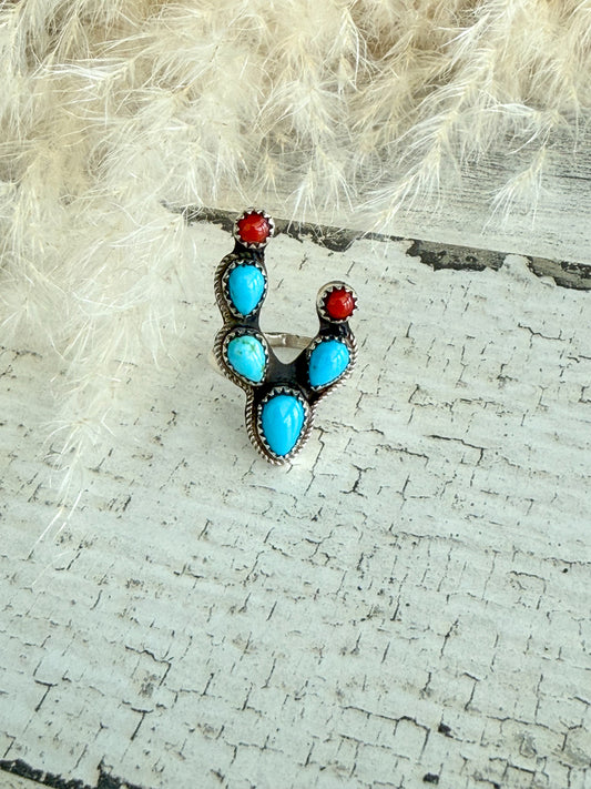 Native American Turquoise & Coral Cactus Ring 8.75