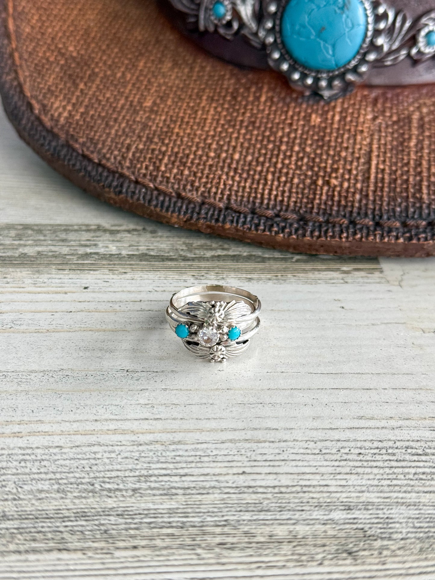 Native American 2 Piece Flower Turquoise & Zirconia Ring 7.5