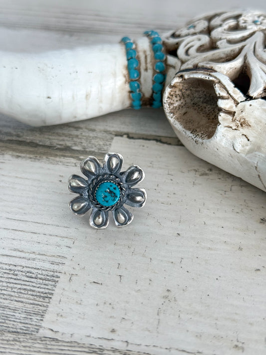Native Made Turquoise Flower Ring Size 6.5