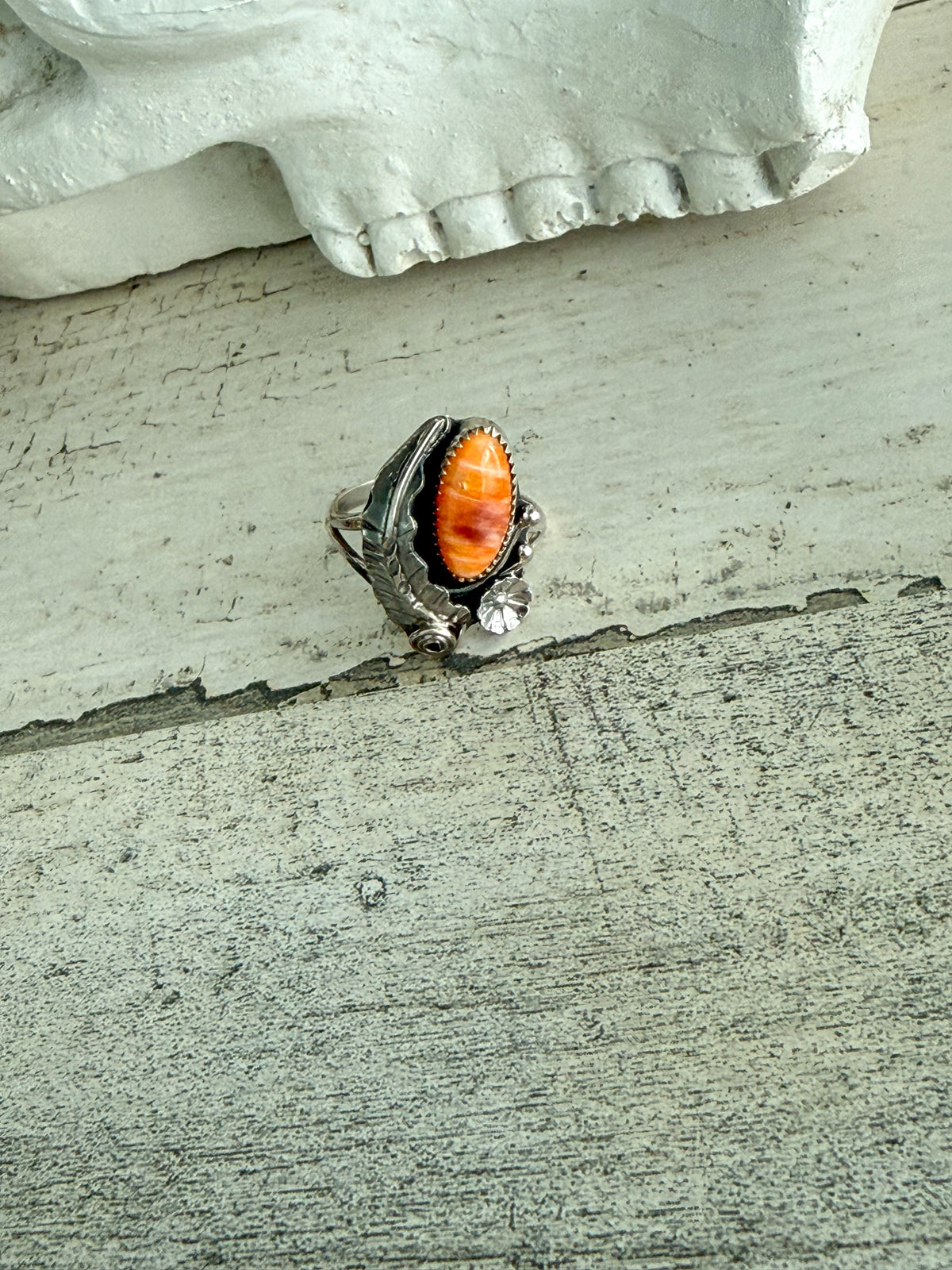 Native American Orange Spiny Leaf Ring 8.75