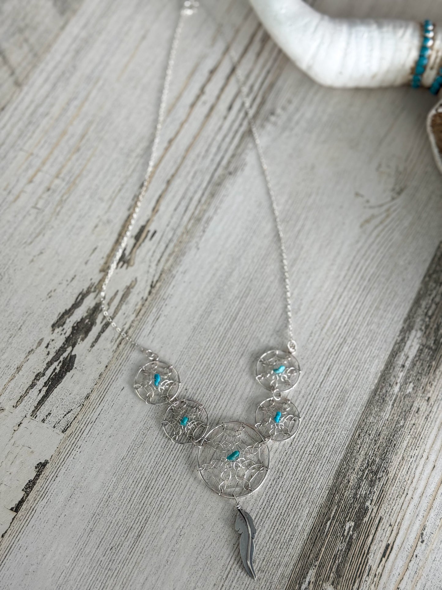 Native American Turquoise Dreamcatcher Necklace 18"