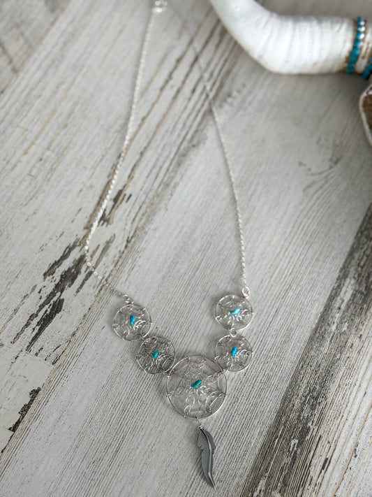 Native American Turquoise Dreamcatcher Necklace 18"