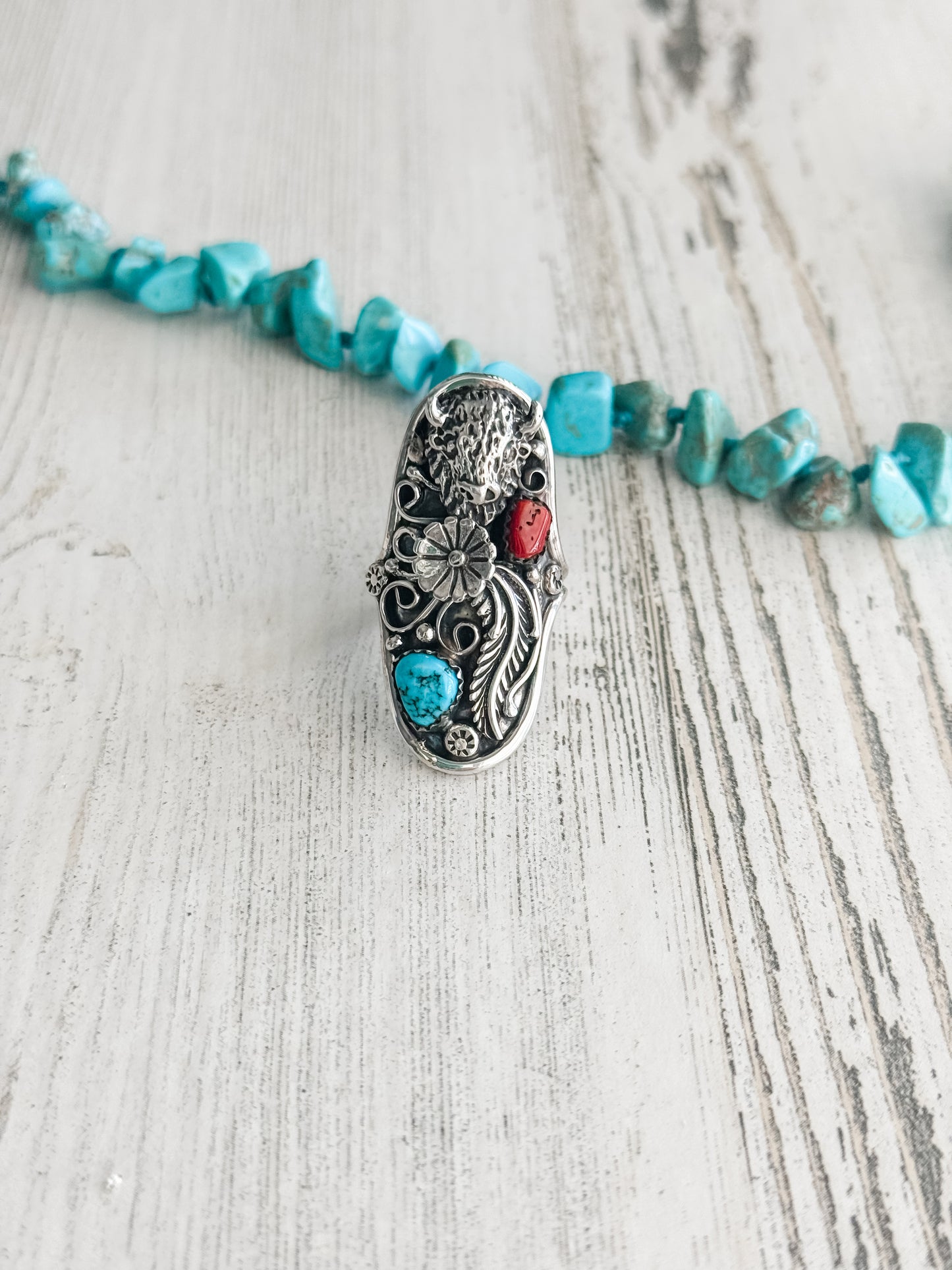 Native American Saddle Coral & Turquoise Buffalo Ring 8