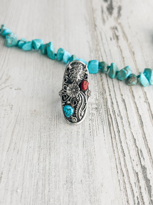 Native American Saddle Coral & Turquoise Buffalo Ring 8
