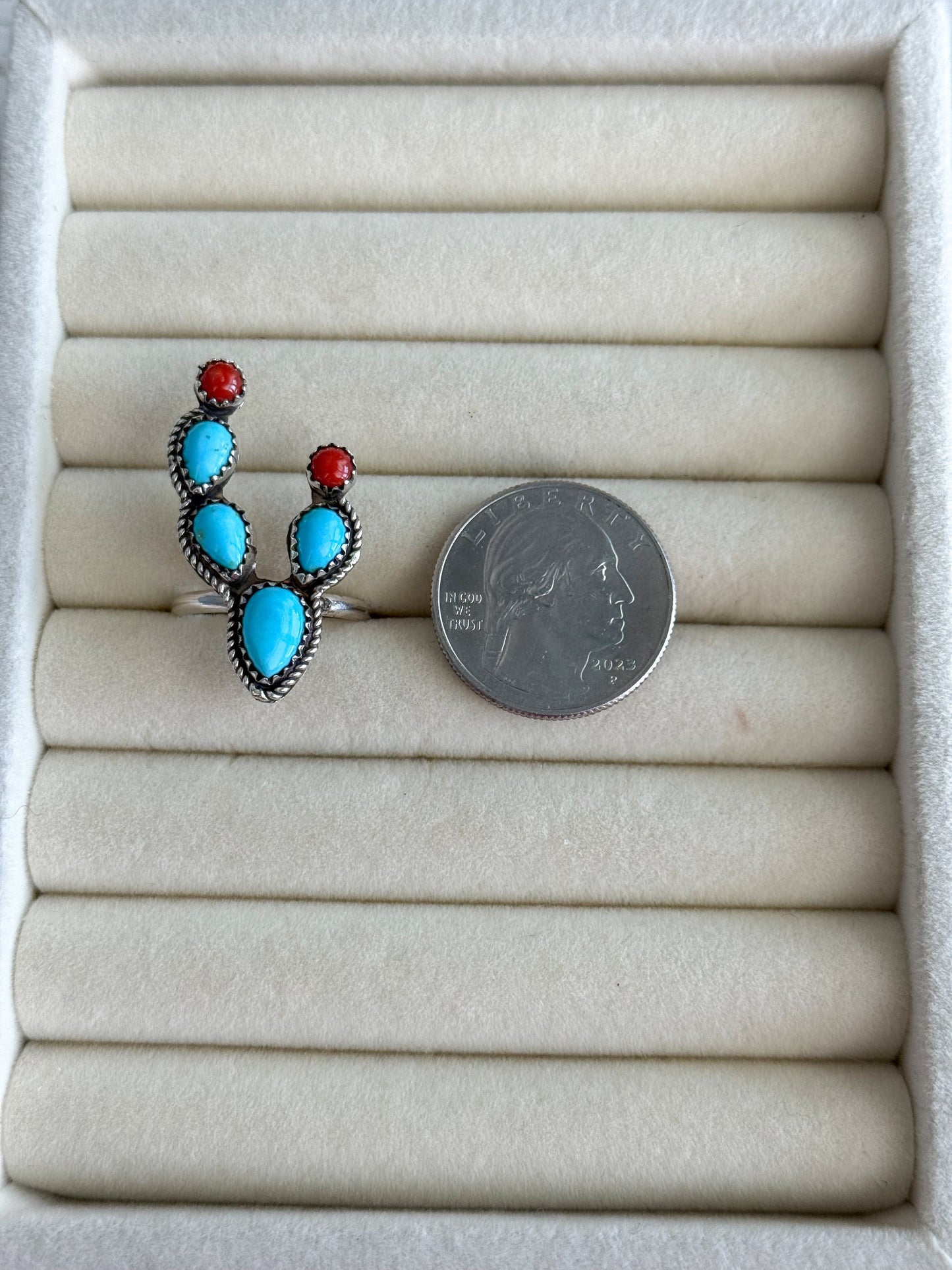 Native American Made Turquoise & Coral Cactus Ring 8