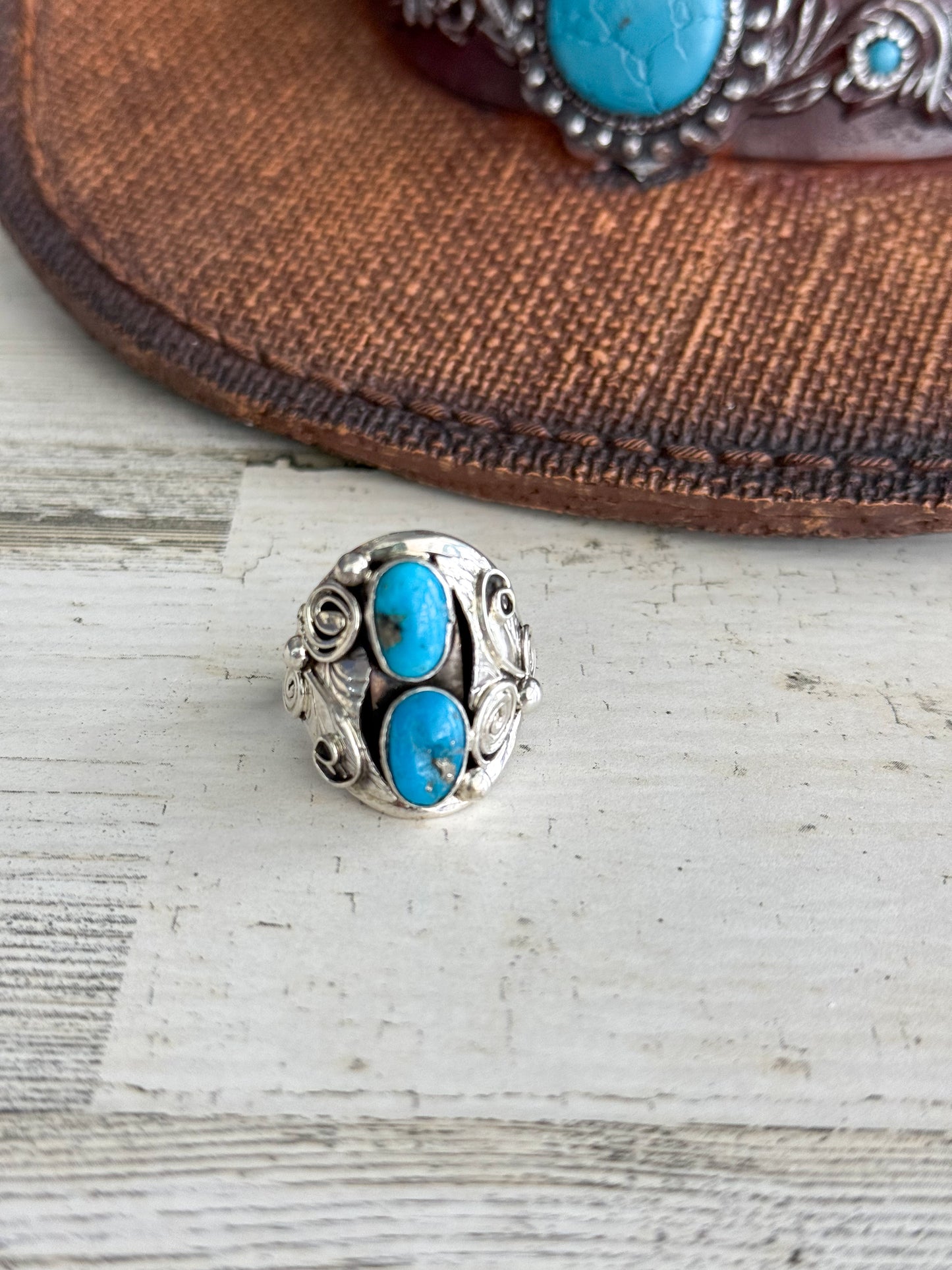 Native American Kingman & Leaf Ring 9.5