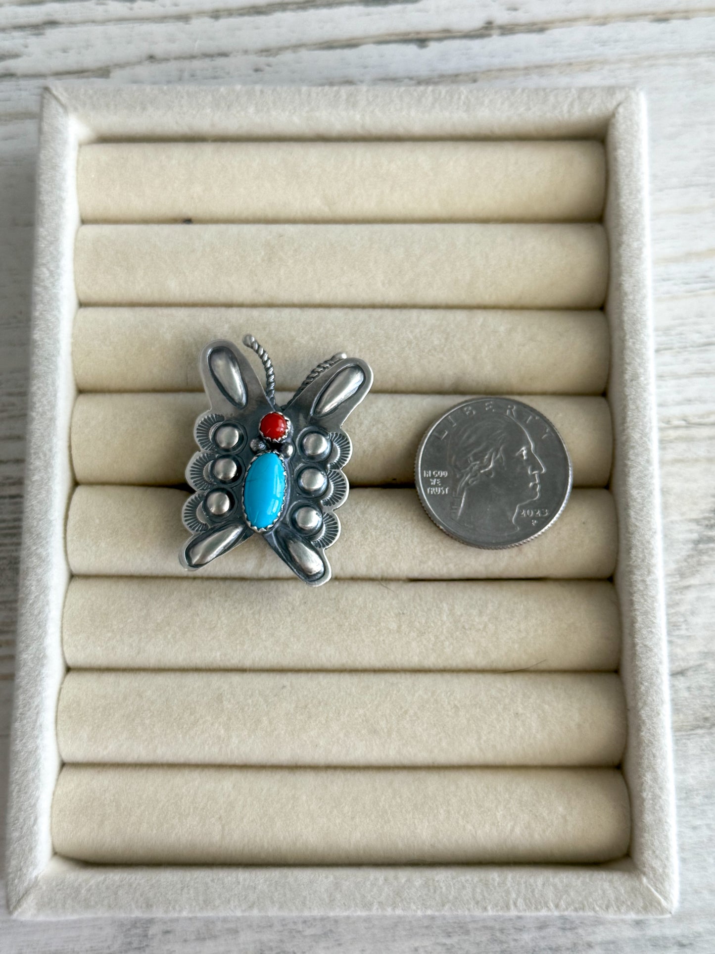 Native American Sterling Butterfly Coral & Turquoise Adjustable Ring