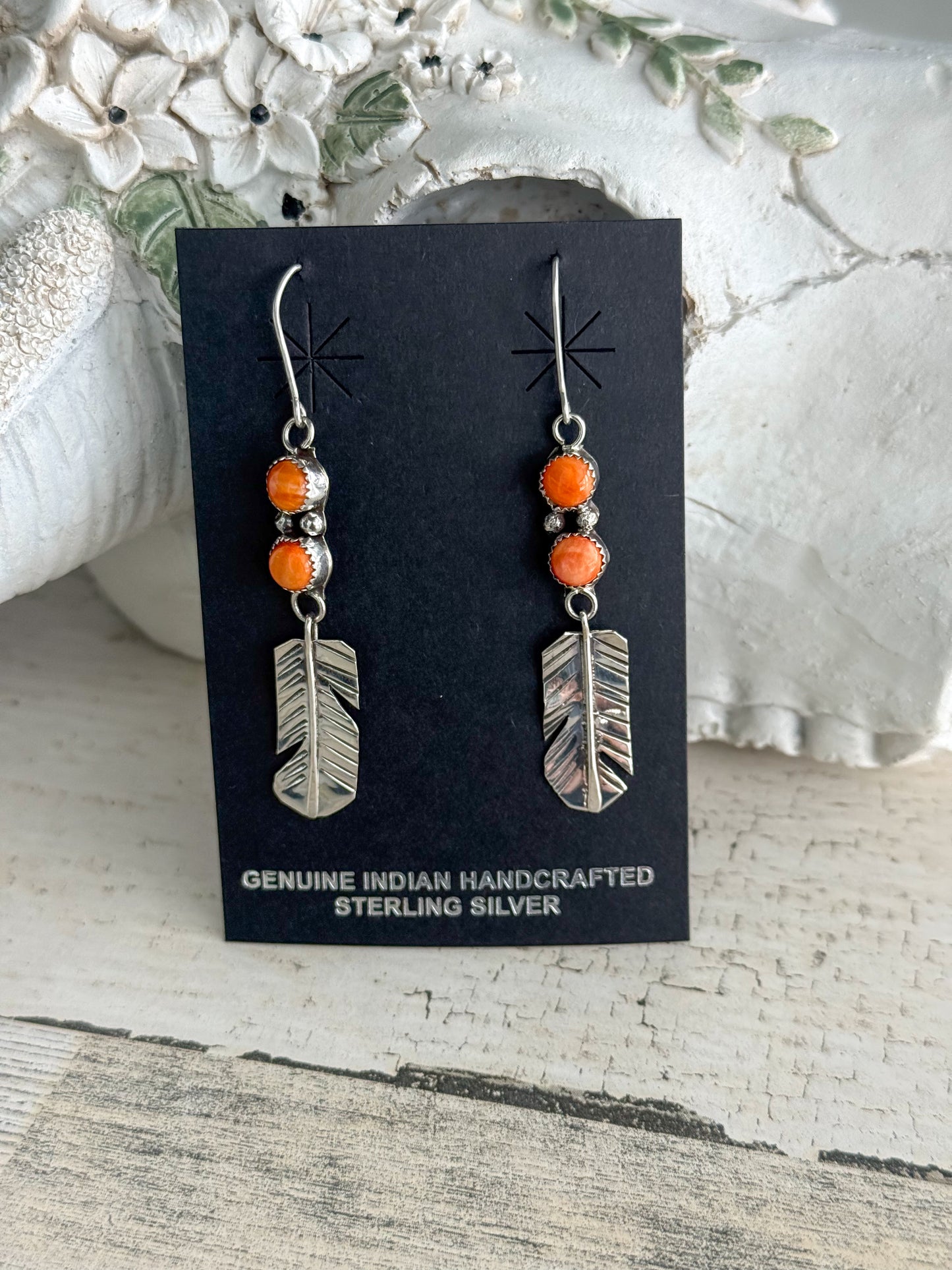 Native American Orange Spiny Feather Earrings