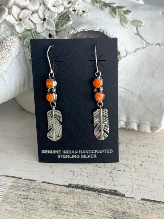 Native American Orange Spiny Feather Earrings