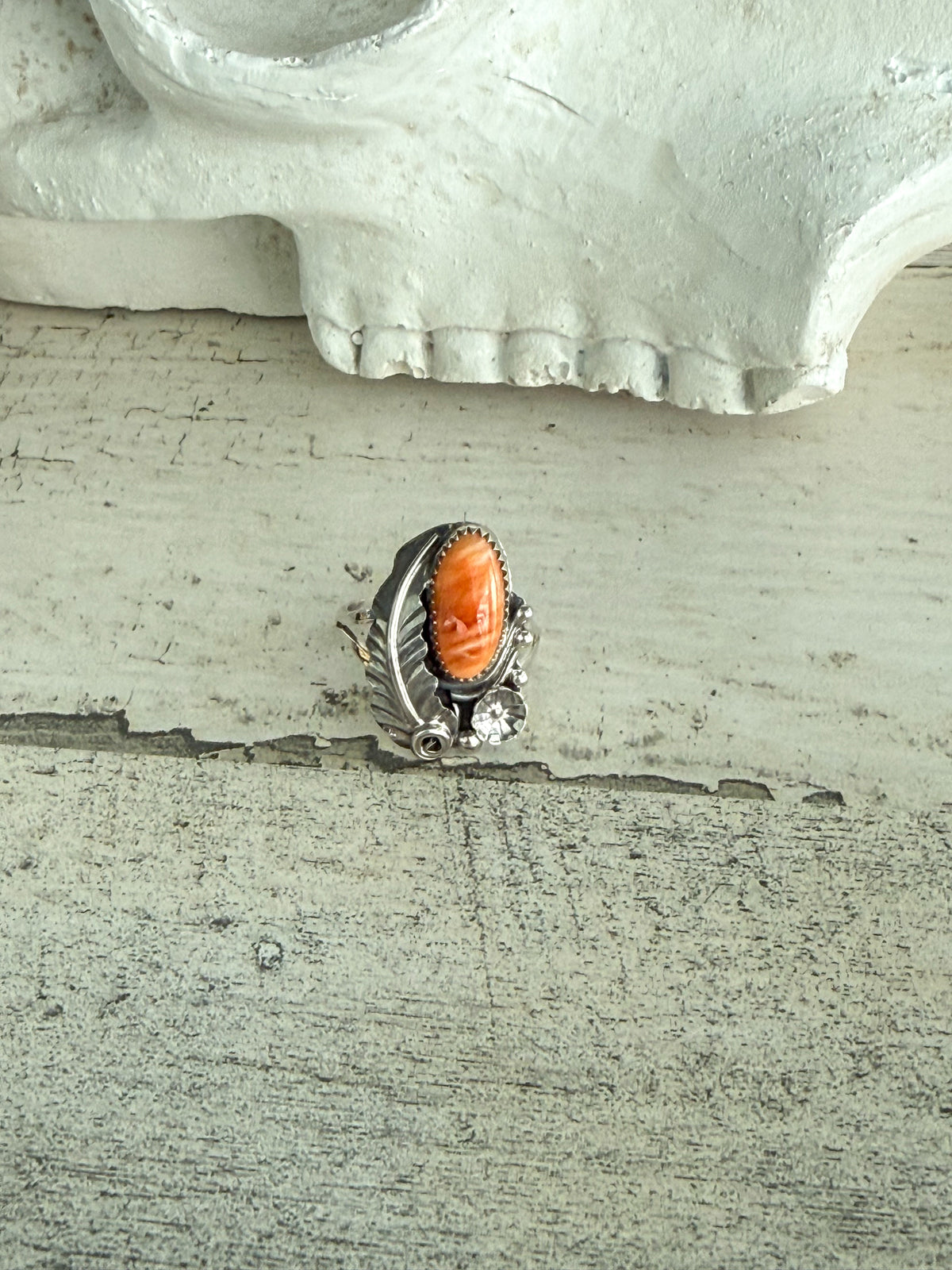 Native American Orange Spiny Leaf Ring 7.75