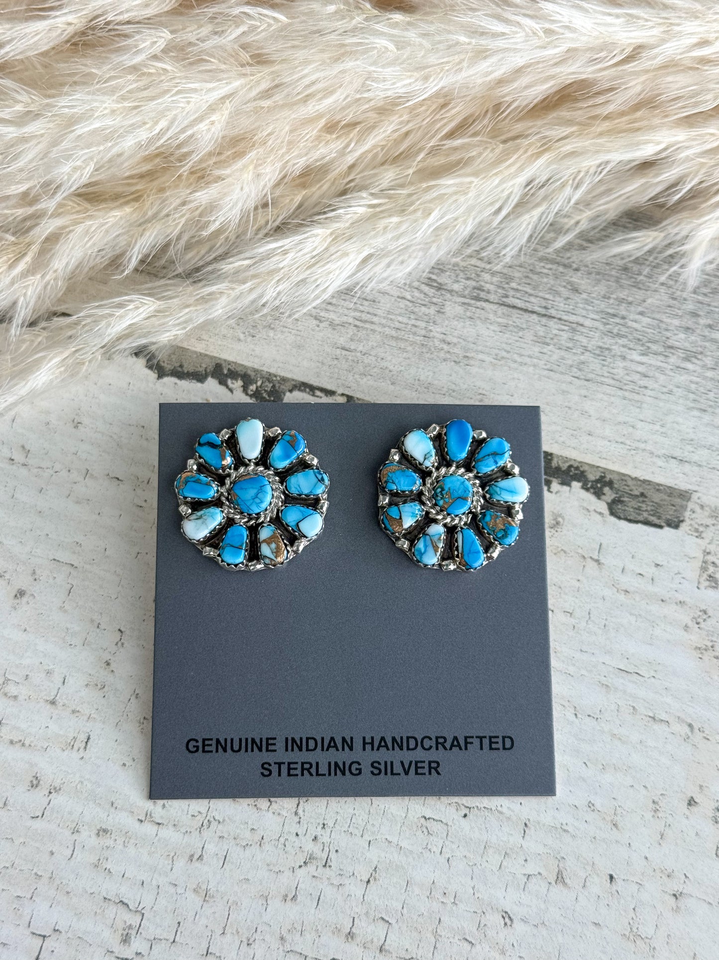 Native American Blue Dahlia Cluster Earrings