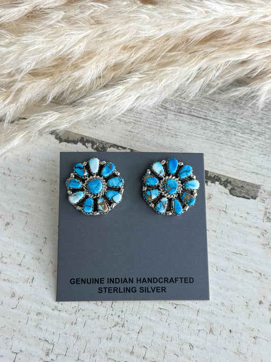 Native American Blue Dahlia Cluster Earrings
