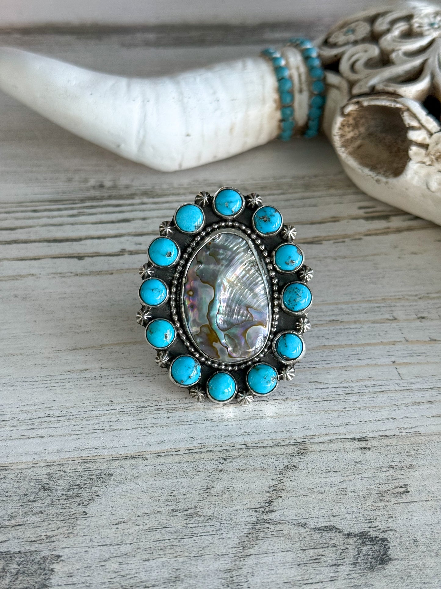 Native American Turquoise & Abalone Adjustable Ring