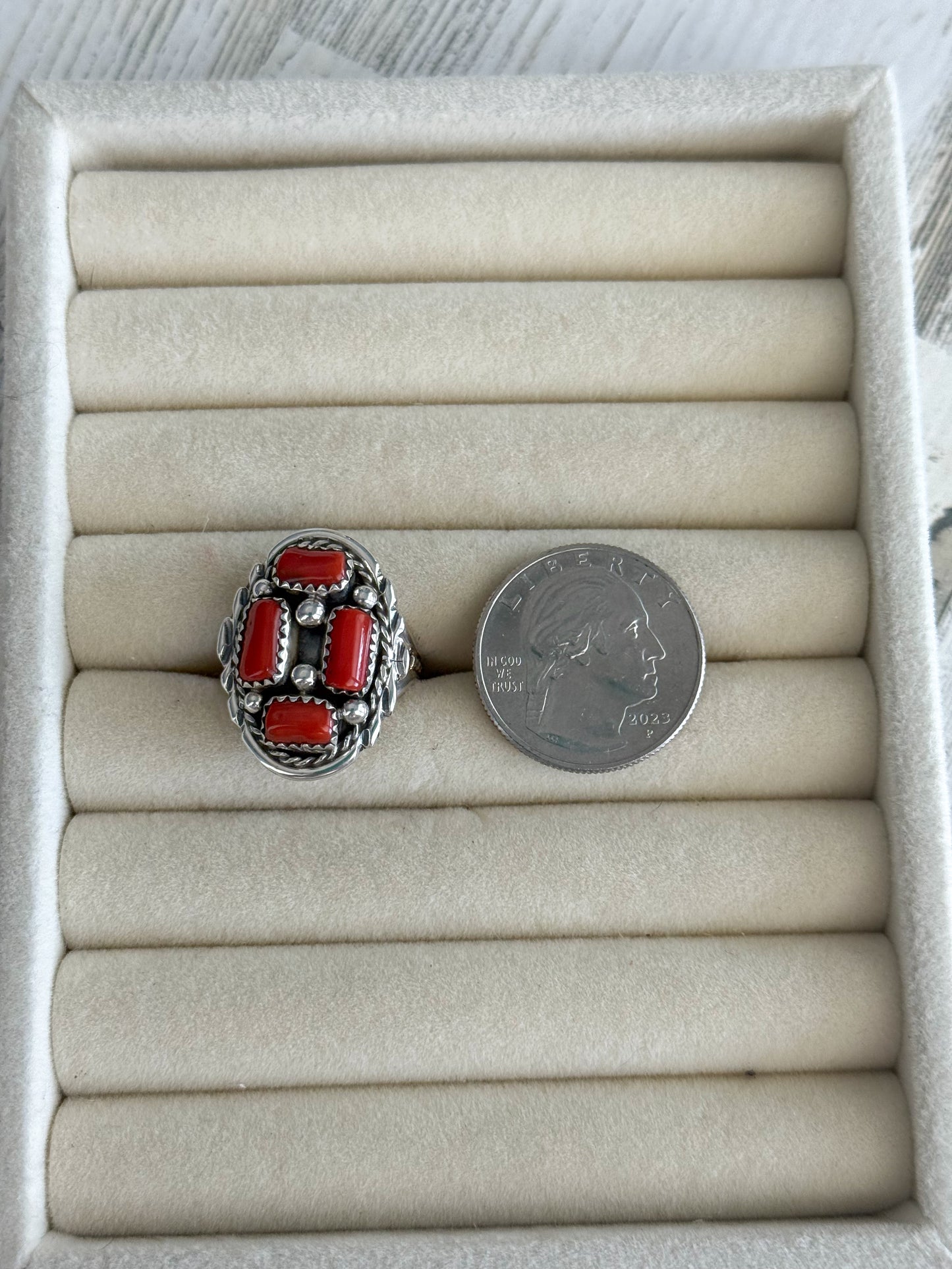 Native American 4 Coral Ring 7.5