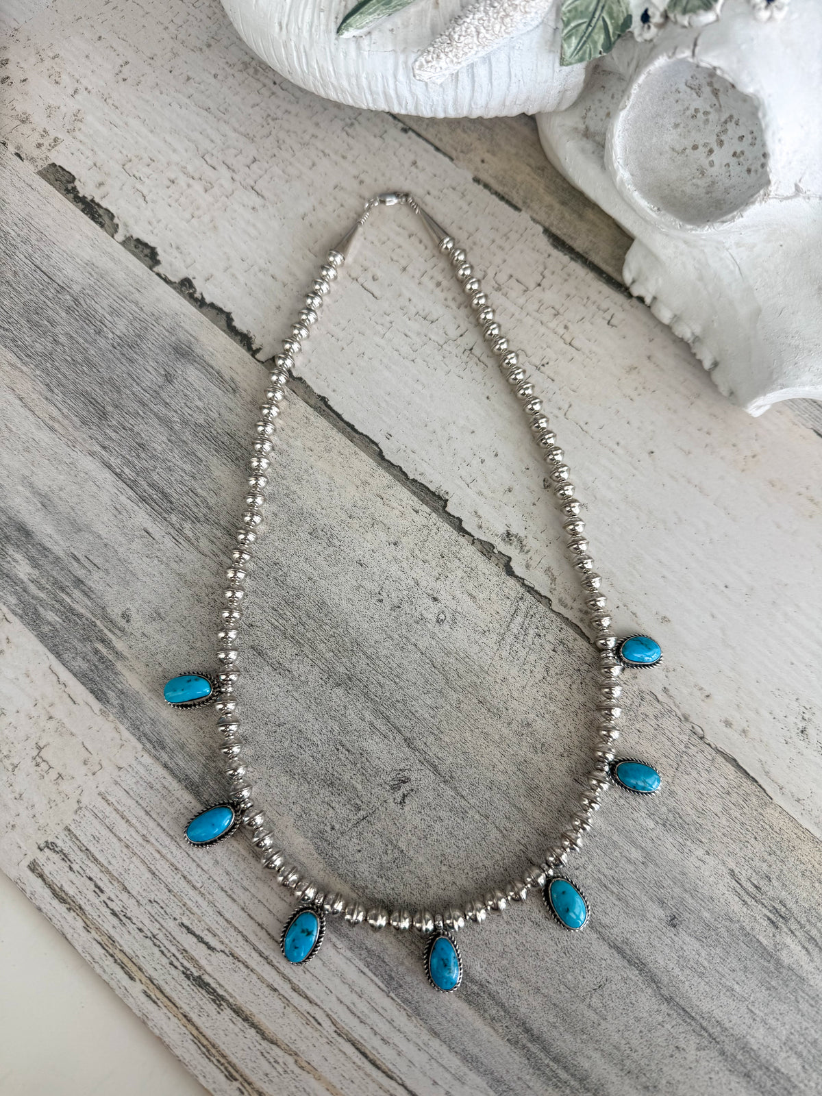 Native American Kingman Sterling Bead Necklace 21"
