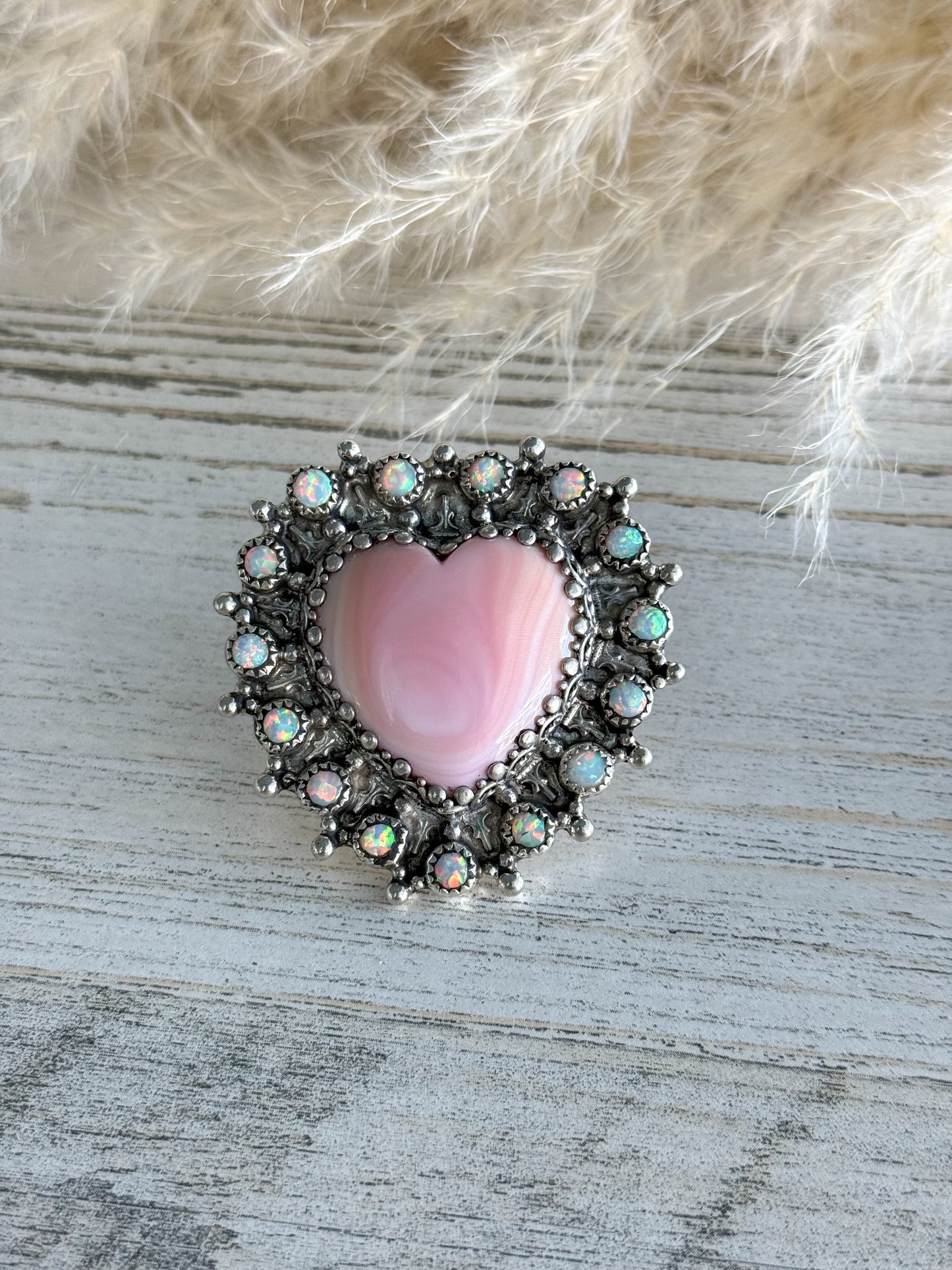 Native American Pink Conch Heart Adjustable Ring