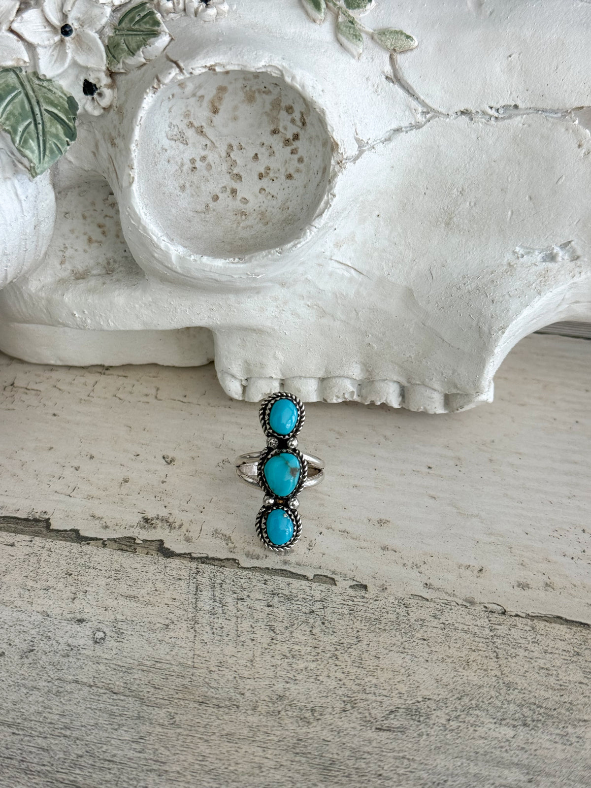 Native American 3 Turquoise Stone Ring 7.5