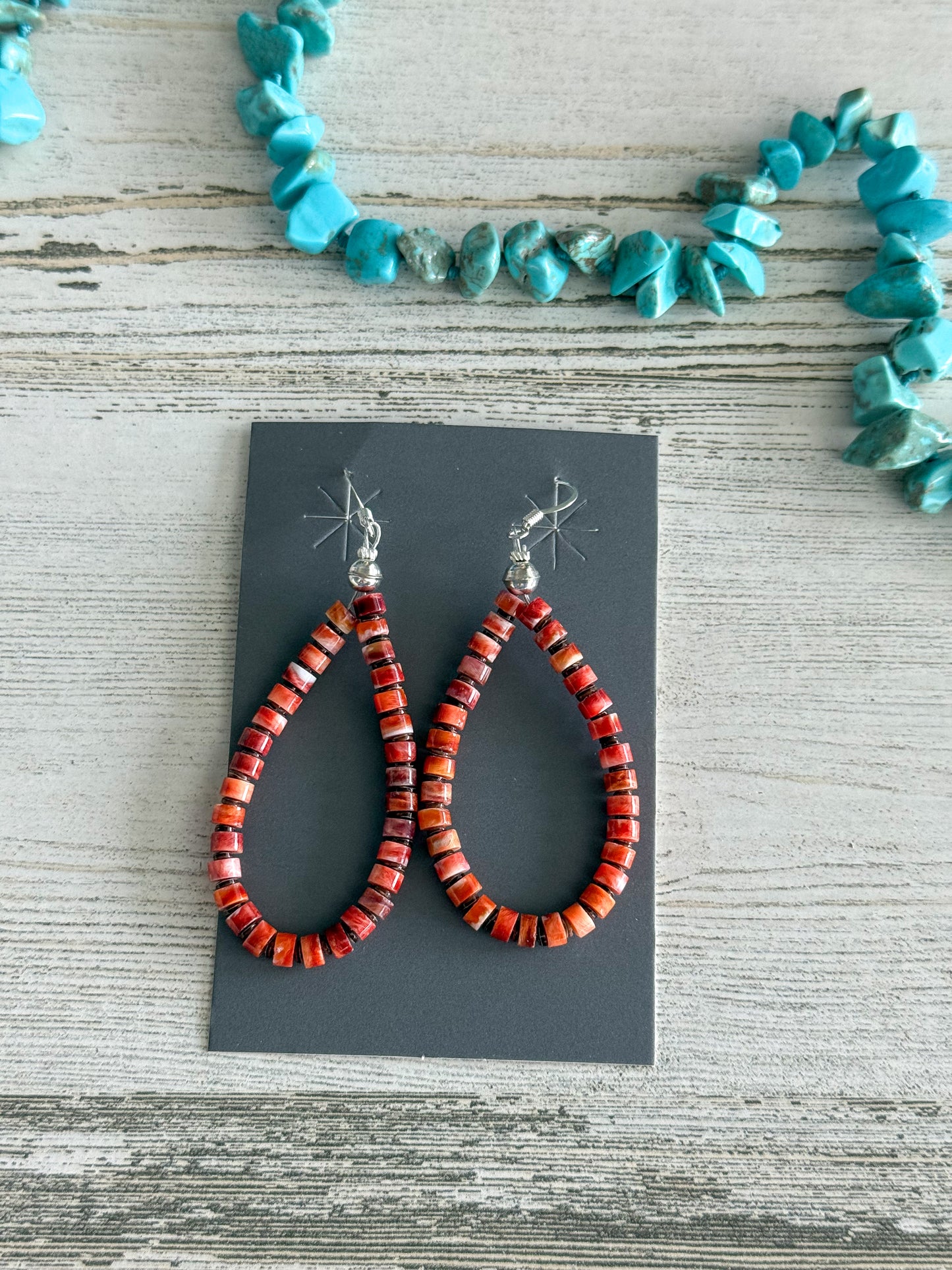Native American Red Spiny Heishi Hoop Earrings