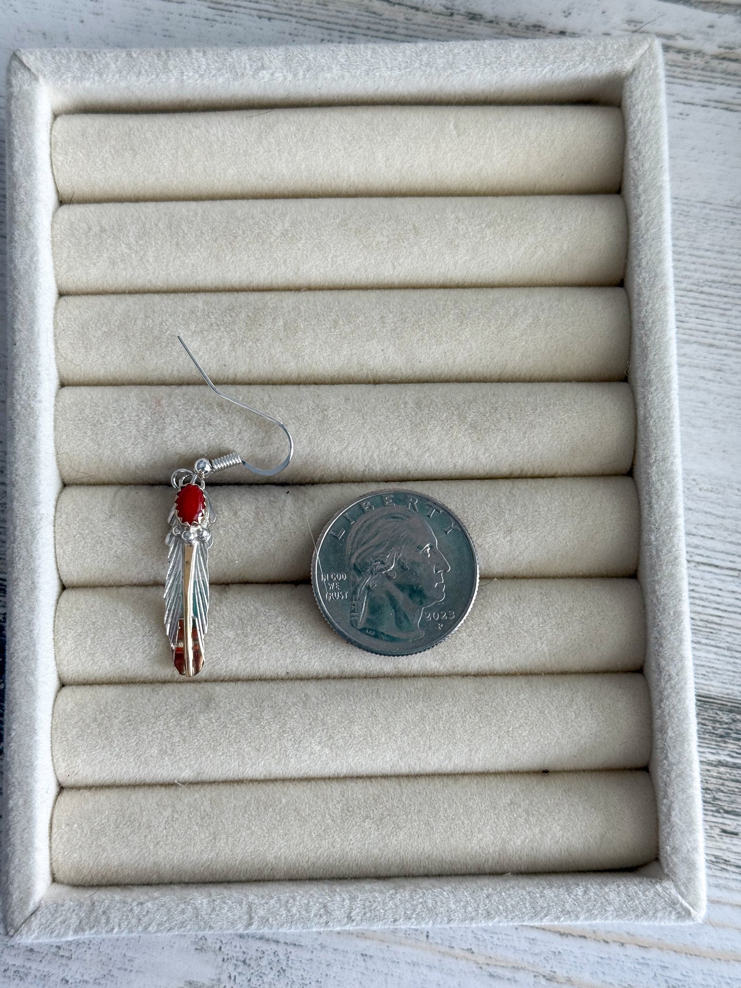 Native American Coral Sterling & Red Brass Leaf Earrings