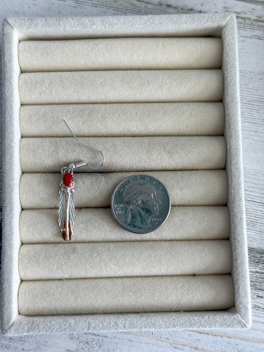 Native American Coral Sterling & Red Brass Leaf Earrings