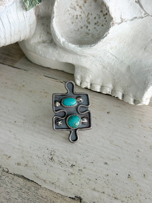 Native American Puzzle Piece Turquoise Adjustable Ring