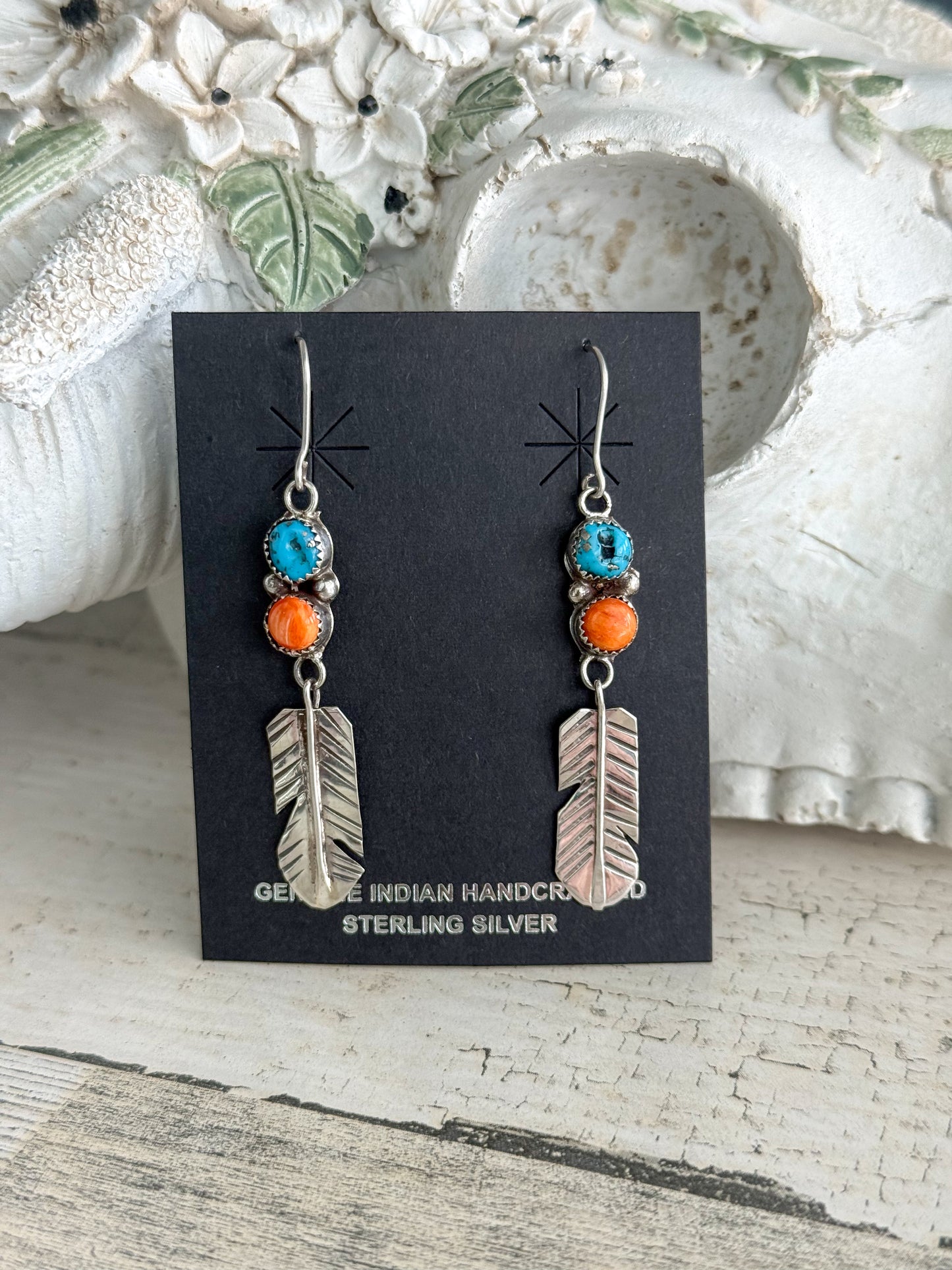 Native American Spiny & Turquoise Feather Earrings