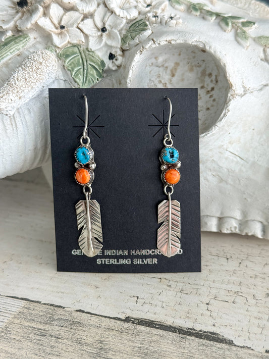 Native American Spiny & Turquoise Feather Earrings
