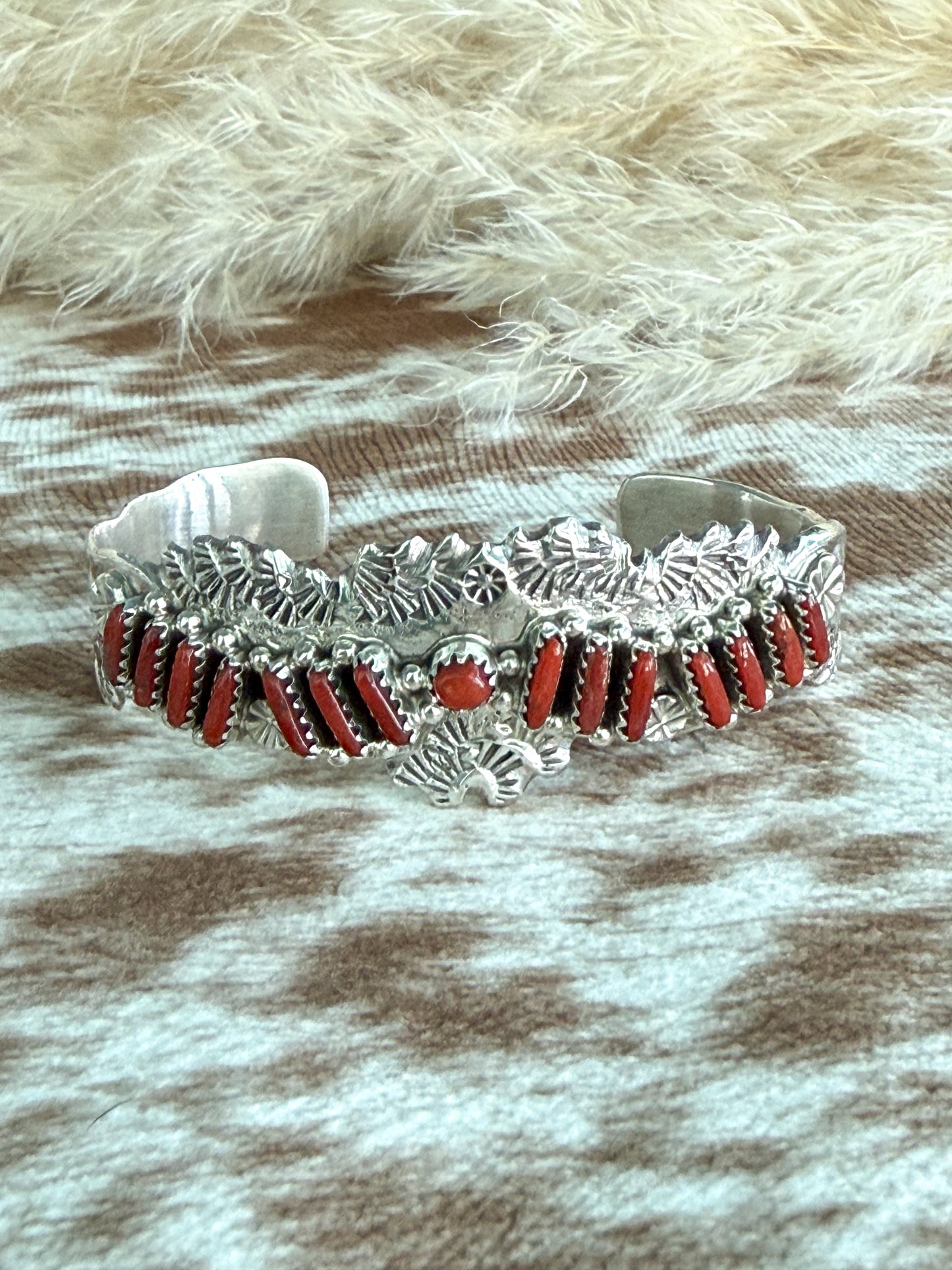 Native American Zuni Coral Cuff 6-5/8"