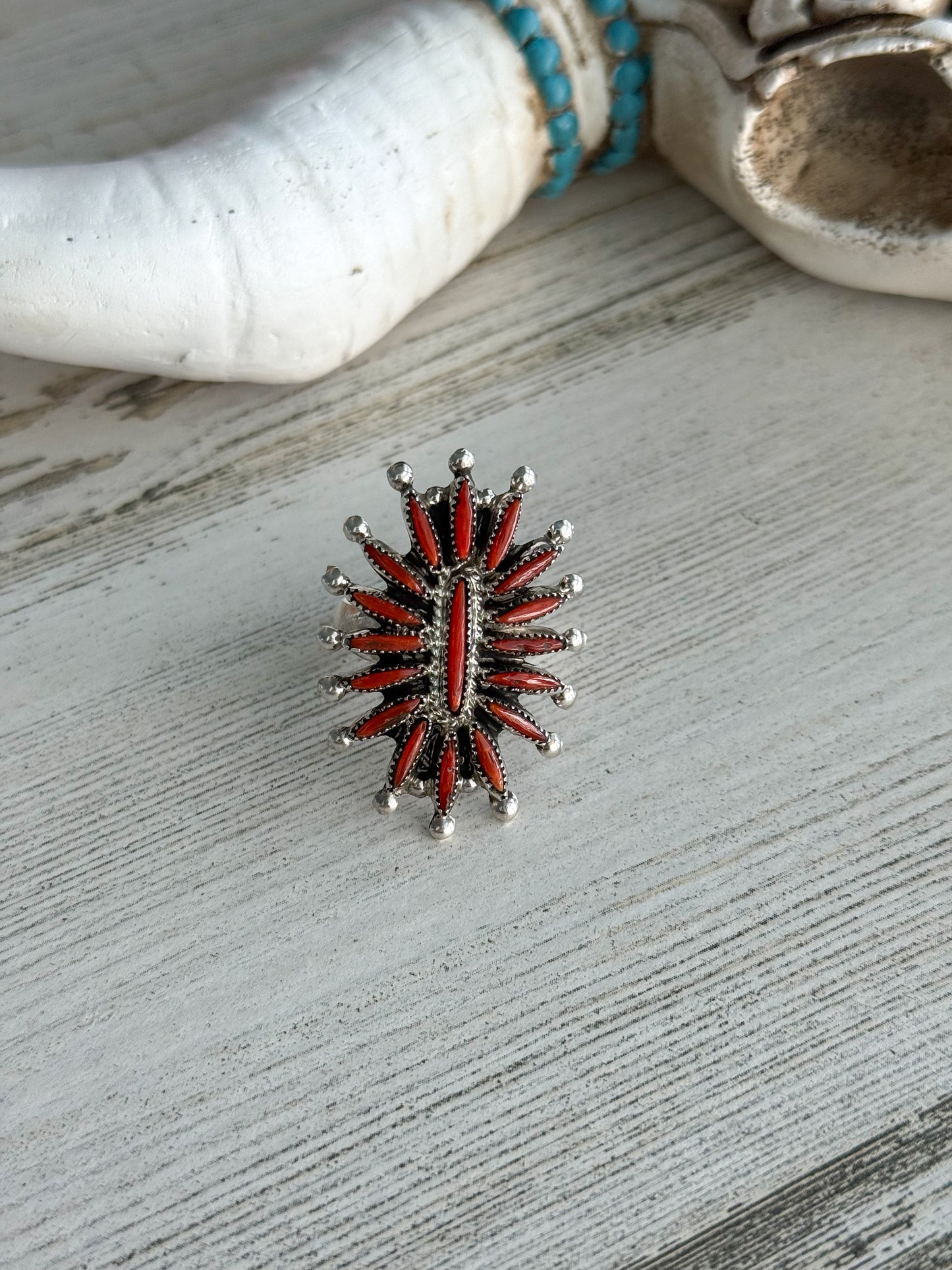 Native American Coral Needlepoint Cluster Ring 8.5