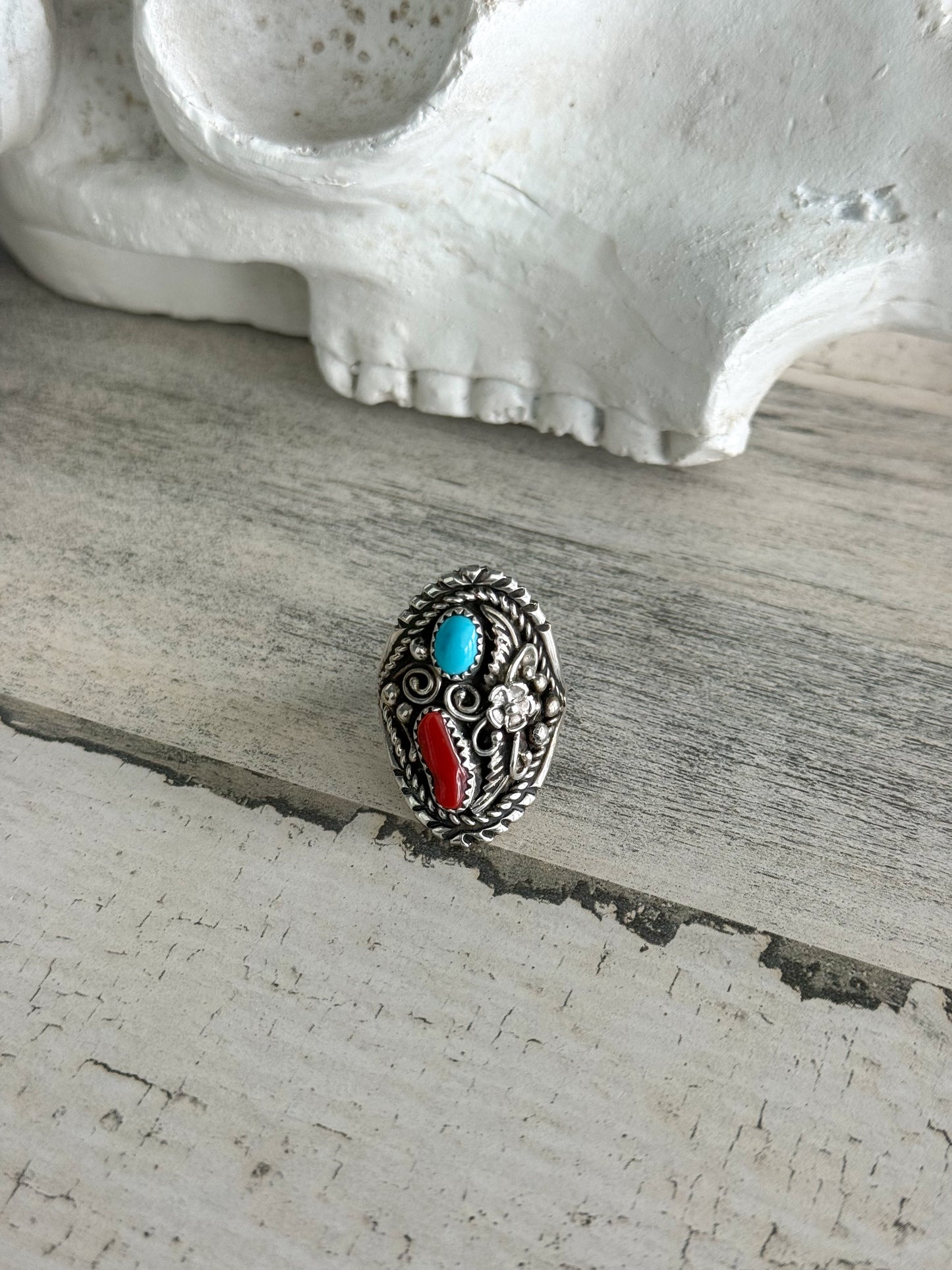 Native American Turquoise & Coral Saddle Ring 10