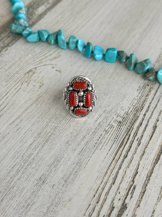 Native American 4 Coral Ring 7.5