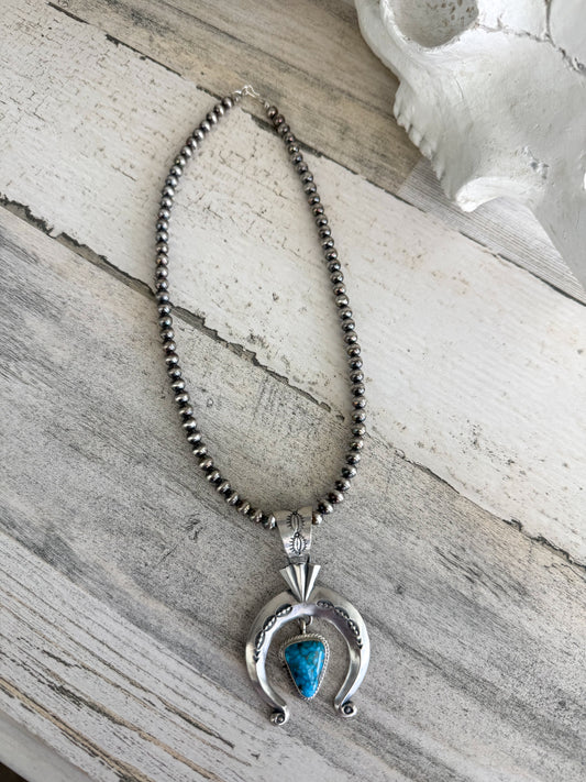 Native American Kingman Naja Pendant on 18" Sterling Pearl Necklace
