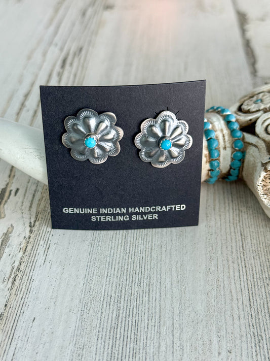 Native American Sterling & Turquoise Concho Earrings